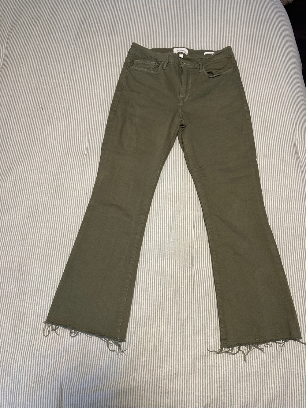 Frame Denim Olive Flare Jeans with Frayed Hem